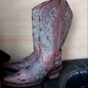 Brown/Turquoise Corral Circle G  Embroidered Western Boots Snip Toe STK L5153